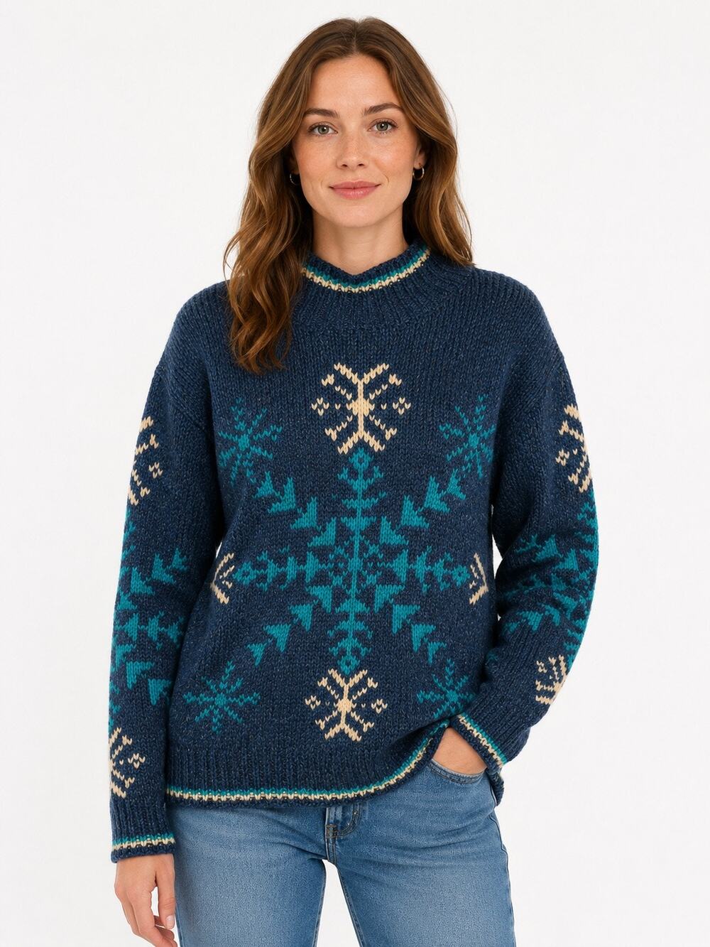 Vintage 90s Woolrich 100% Wool Nordic Fair Isle Snowflake Sweater Blue Large
